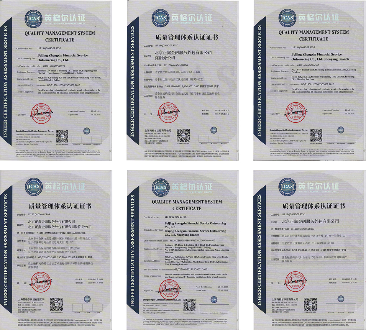 热烈祝贺辽宁正鑫资产管理有限公司、沈阳分公司、锦州分公司、北京正鑫外包服务有限公司、沈阳分公司通过ISO9001认证、北京正鑫外包服务有限公司通过ISO27001认证